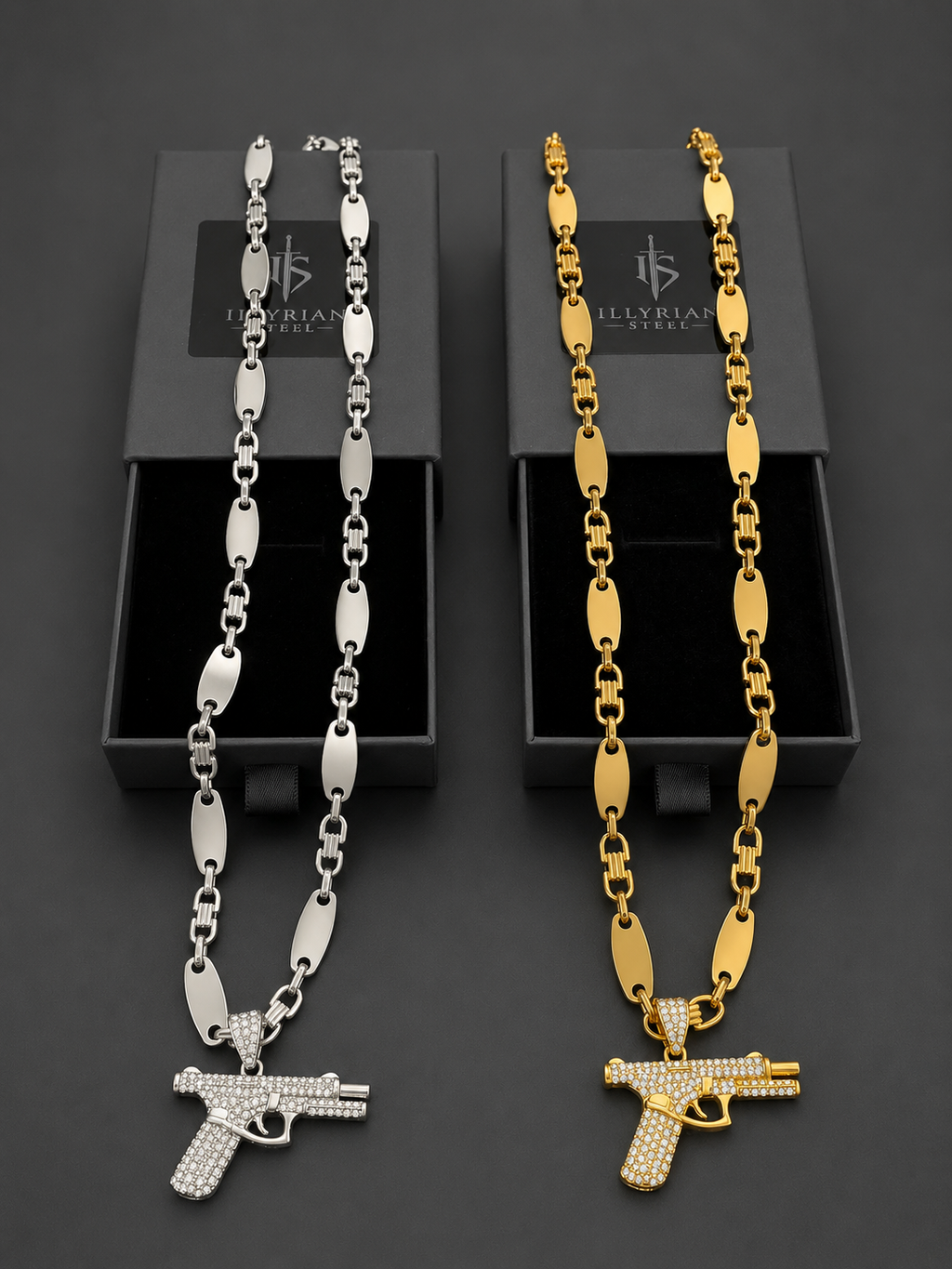 Plattenkette mit Iced Out Pistolen Anhänger