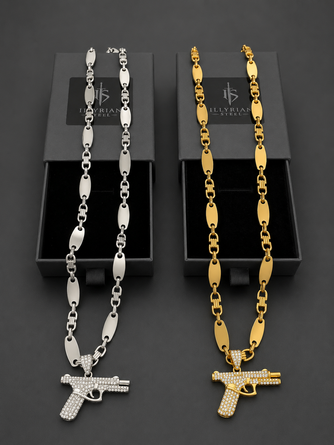 Plattenkette mit Iced Out Pistolen Anhänger
